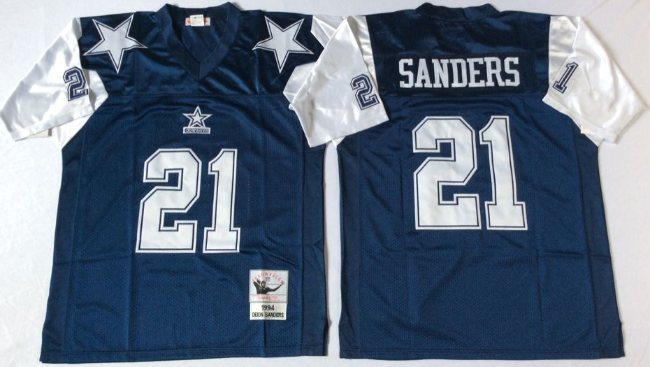 Men NFL Dallas Cowboys #21 Sanders blue style2 Mitchell Ness jerseys->dallas cowboys->NFL Jersey